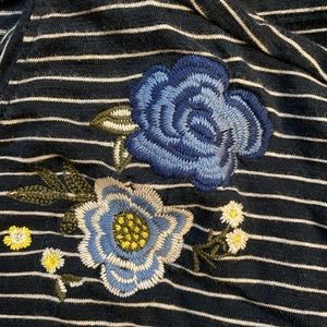 XS Hollister Navy and White Striped Bell-sleeved Blouse with Embroidered Details